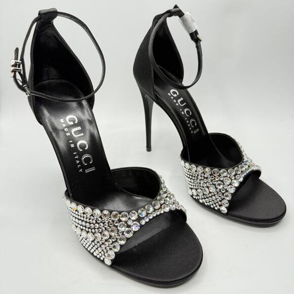 Gucci Ilse Crystal-Embellished Open Toe Satin Heel Sandals Black  EU 39 US 9 - Picture 5 of 14